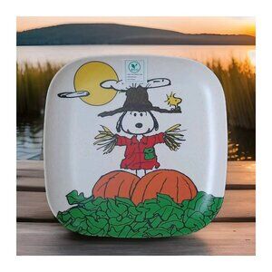 PEANUTS SNOOPY 12 PC SET Square Bamboo DINNER PLATES 10" PUMPKIN Thanksgiving